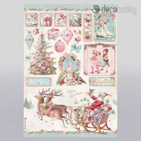 Stamperia rizspapir A4 DFSA4629 Pink Christmas sleigh Decohobby